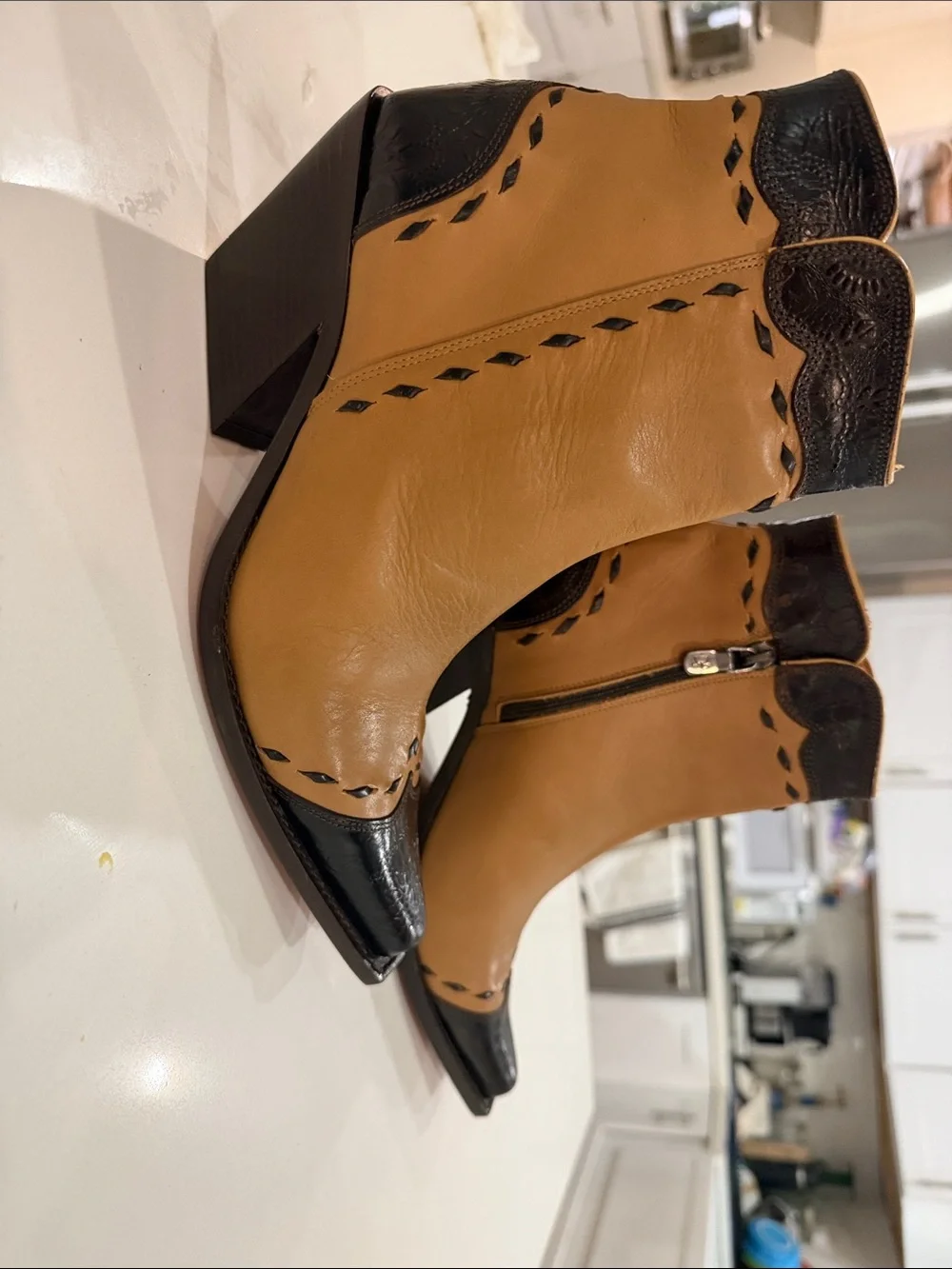 Donald J. Pliner Two-Tone Tan and Black Pointed Ankle Booties
